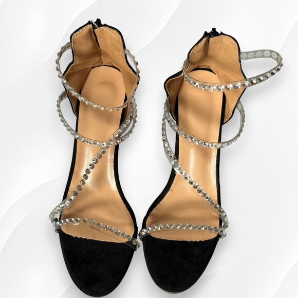 Sparkling NWOT Diamond Rhinestone Multi Stap Zipper Faux Suede Balck High Heels - Picture 3 of 9
